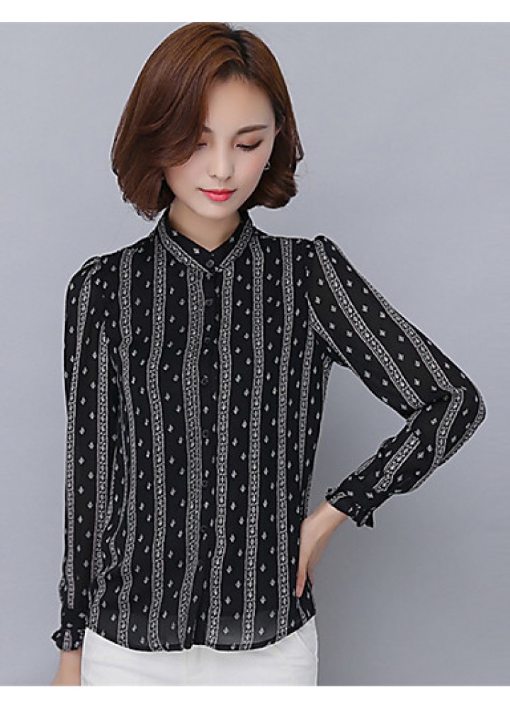 Spring Fall Going out Casual Women's Tops Fashion Striped Print Shirt Collar Long Sleeve Slim Chiffon Blouse