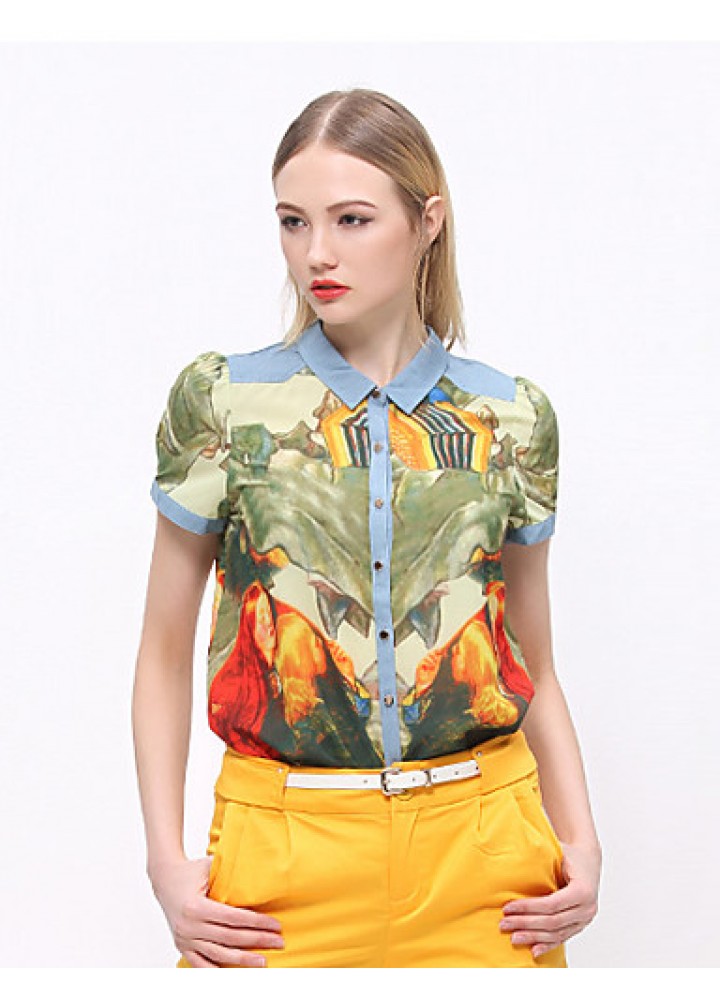 Women's Going out Vintage Summer ShirtPrint Shirt Collar Short Sleeve Blue / Green Cotton / Polyester Opaque