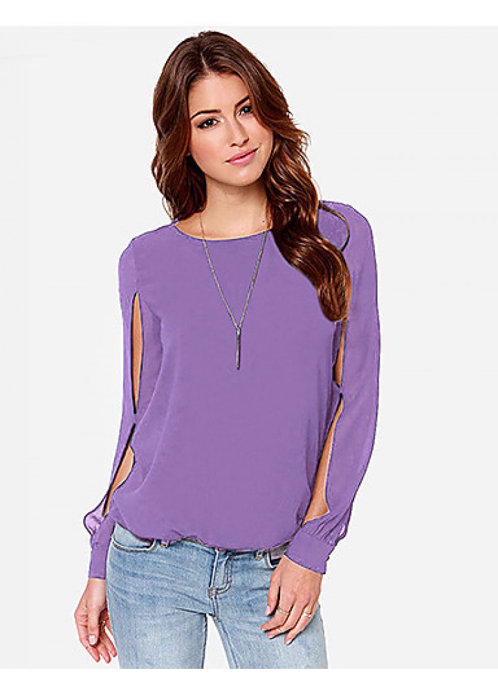 Sexy All Seasons Blouse,Solid Round Neck Long Sleeve Blue / Pink Polyester Thin