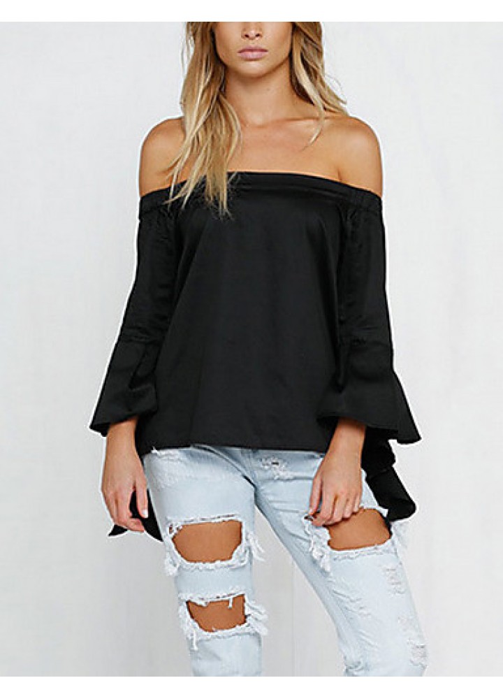 Women's Solid White / Black Blouse,Boat Neck ? Sleeve