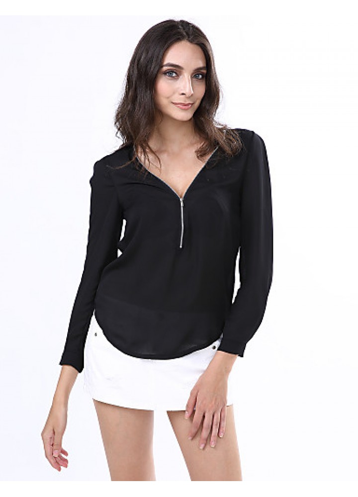 Women‘s V Neck Long Sleeve Zipper Blouse(More Colors)