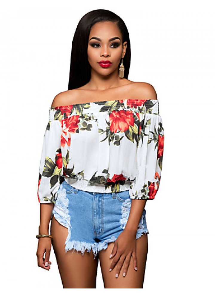 Women's Sexy Simple Boat Neck Off Shoulder Floral Print Summer Blouse