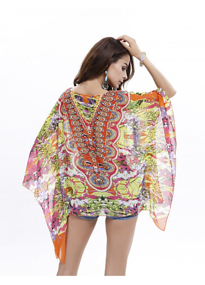 Women's Plus Size Batwing Sleeve Floral Print Chiffon Blouse