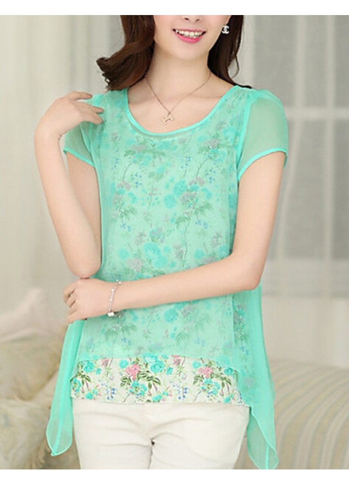 Women's Casual/Daily Simple Summer Blouse,Print Round Neck Short Sleeve Blue / Pink / Green Thin