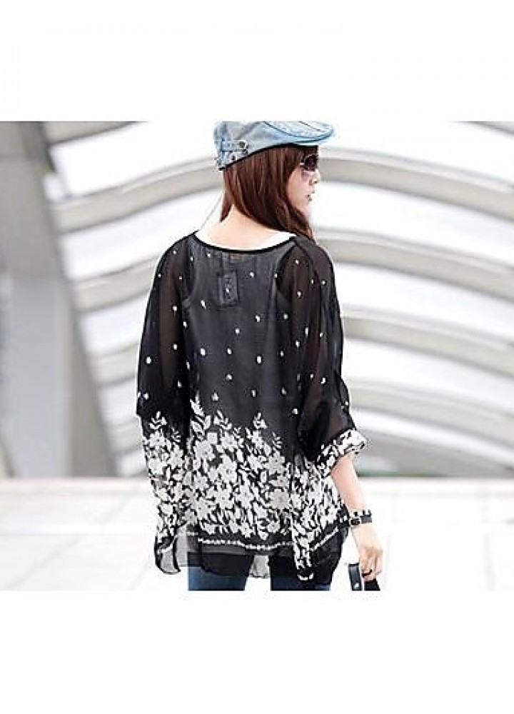 Women's Casual/Daily Boho All Seasons Blouse,Print Round Neck Short Sleeve Blue / Black Thin