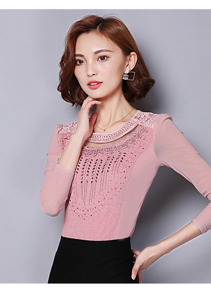 Spring Fall Women's Going out Fashion Wild Solid Color Patchwork Round Neck Long Sleeve Shirt