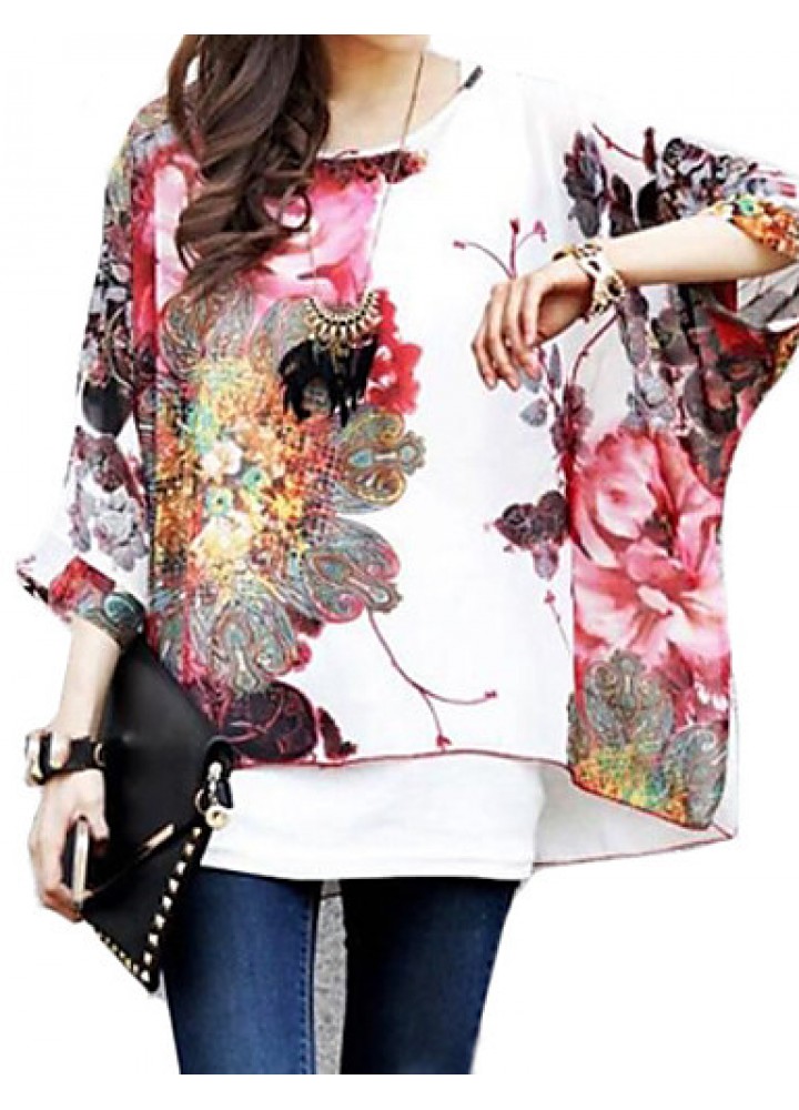 Women's Flower Print Loose Blouse & Vest,Round Neck