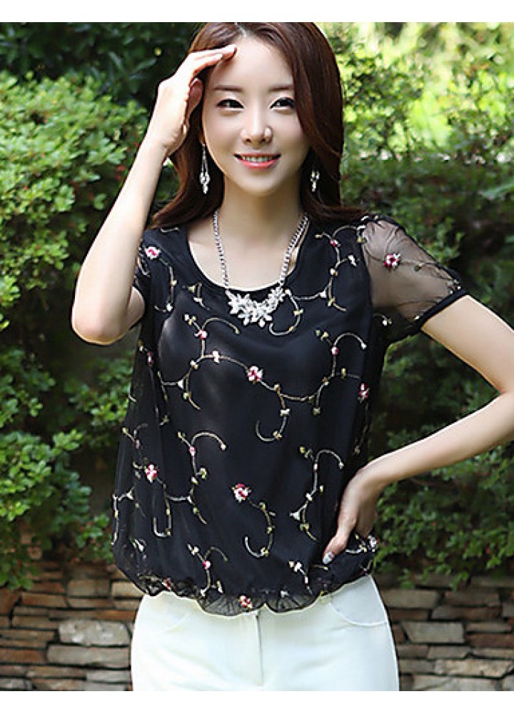 Women's Print White / Black Blouse,Round Neck Short Sleeve