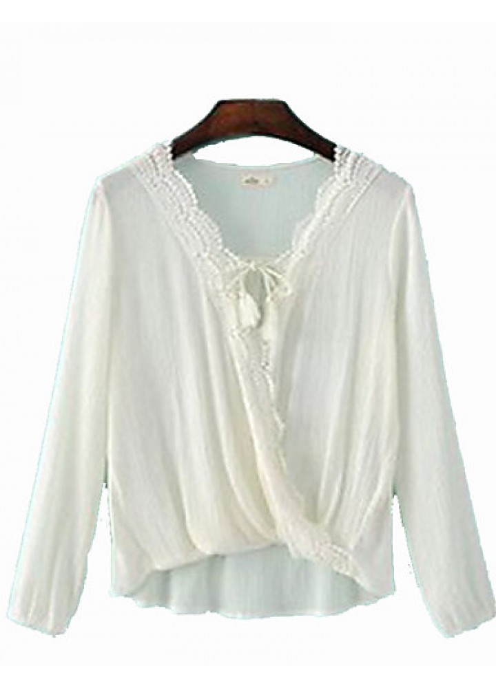 Women's Going out Simple Spring ShirtSolid V Neck Long Sleeve White Polyester Medium