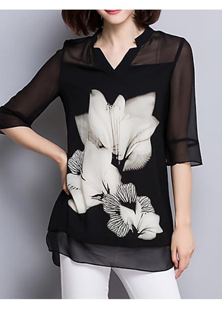 Women's Casual/Daily Plus Size / Street chic Summer Blouse,Floral V Neck ? Sleeve Black Polyester Thin