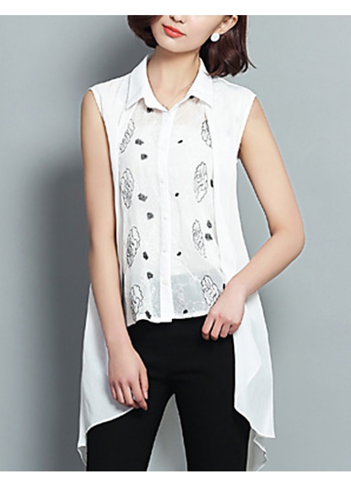 Women's Print White Shirt,Shirt Collar Sleeveless