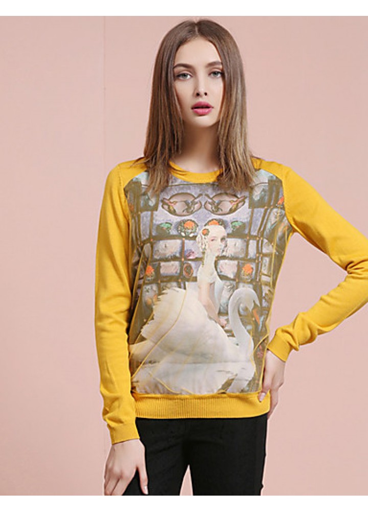 Women's Going out Street chic Spring / Fall T-shirtPrint Round Neck Long Sleeve White / Yellow Cotton