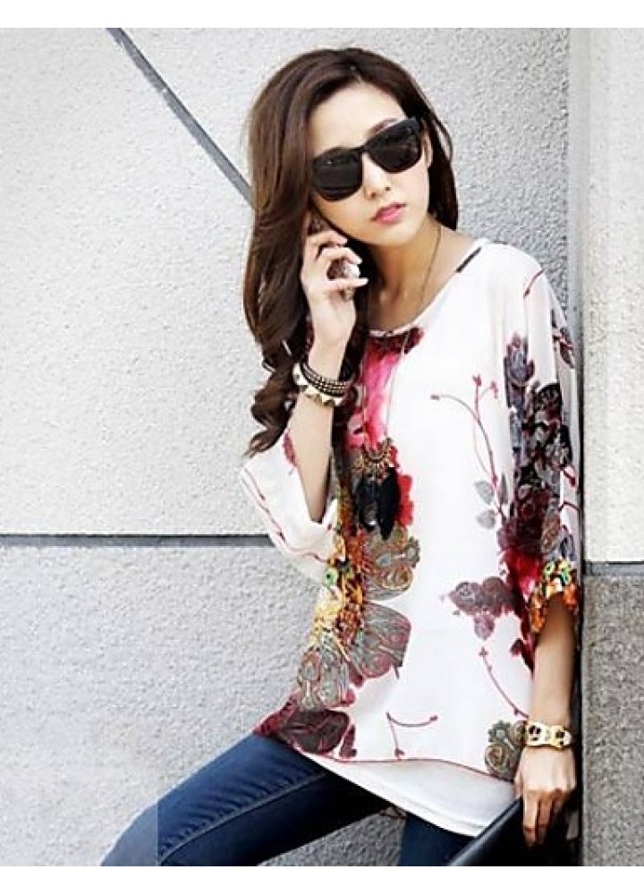 Women's Flower Print Loose Blouse & Vest,Round Neck