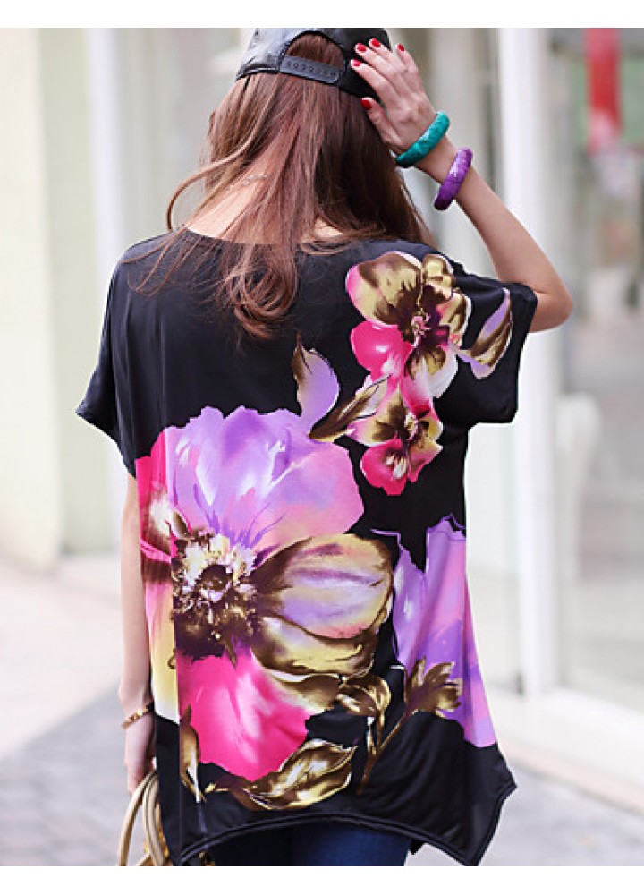 Women's Casual/Daily Boho / Street chic Summer T-shirt,Floral Round Neck Short Sleeve Black Rayon Thin