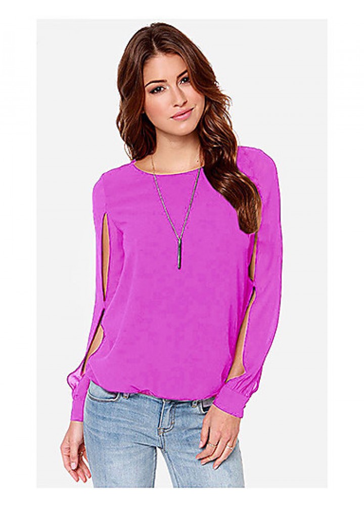 Sexy All Seasons Blouse,Solid Round Neck Long Sleeve Blue / Pink Polyester Thin