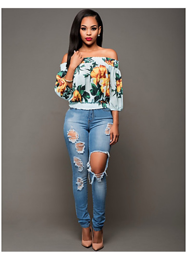 Women's Sexy Simple Boat Neck Off Shoulder Floral Print Summer Blouse