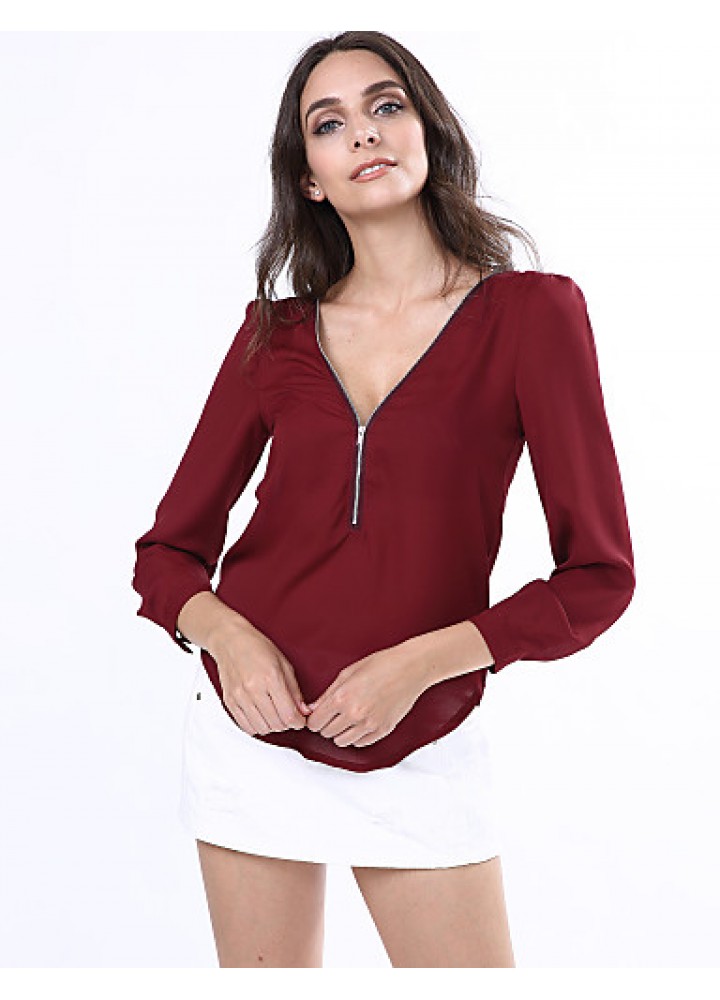 Women‘s V Neck Long Sleeve Zipper Blouse(More Colors)