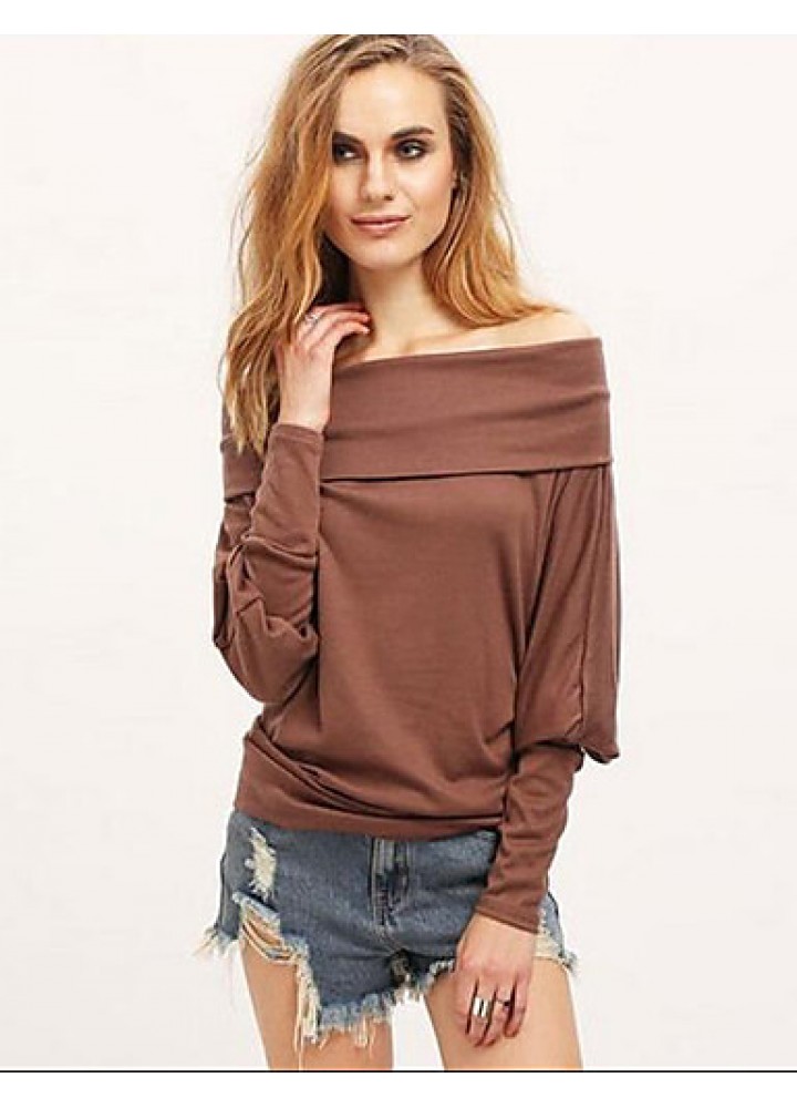 Women's Casual Fall / Winter T-shirt Solid Off Shoulder Long Sleeve White / Brown Shirt