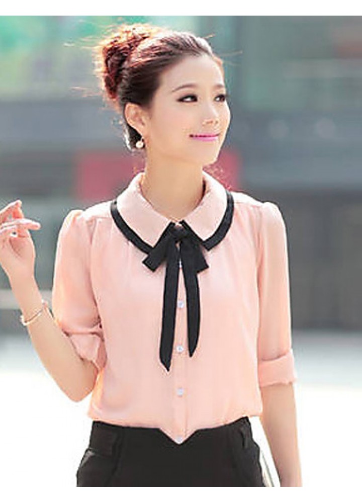 Women's Cute Contrast Bow Collar Half Sleeve Shirt