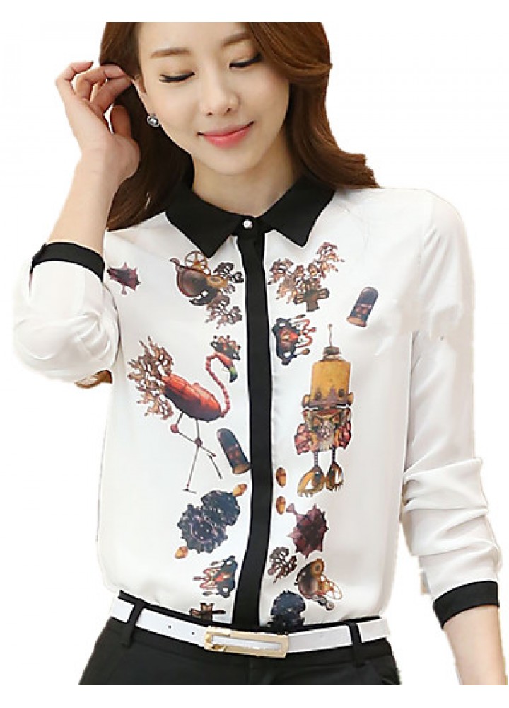 Women's Wild Commuter Contrast Color Stitching Print Long Sleeve Chiffon Shirt