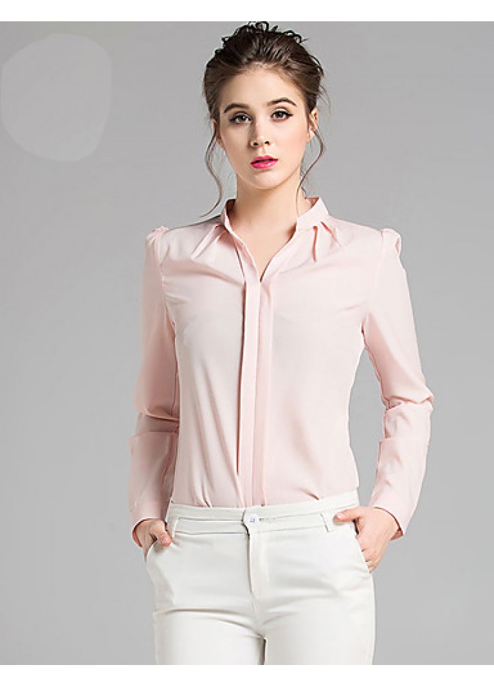 Women's Work Sophisticated Fall BlouseSolid V Neck Long Sleeve Pink / White Acrylic Medium