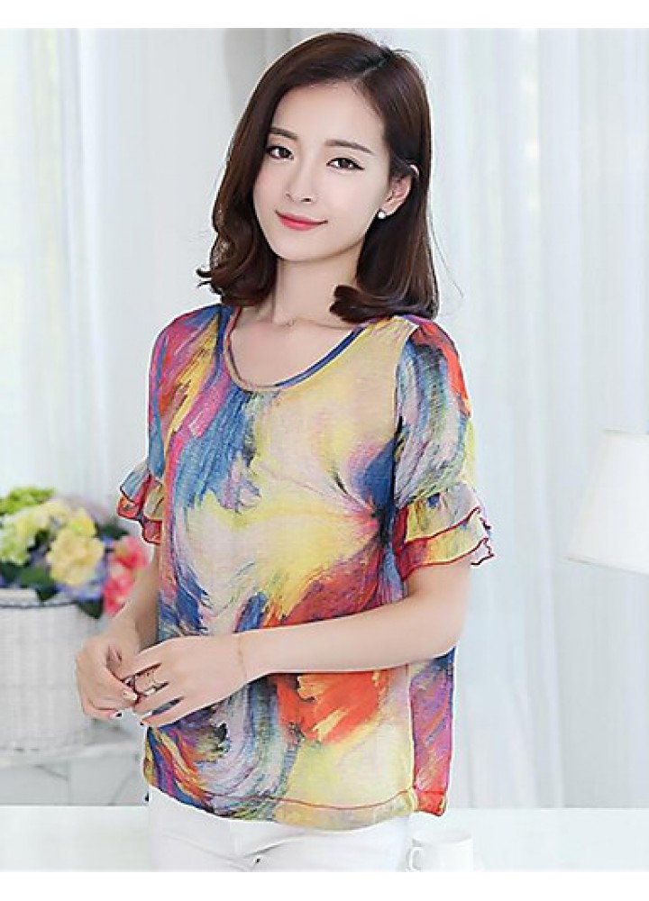 Women's Casual/Daily Sexy Summer / Fall Blouse,Print Round Neck Short Sleeve Blue Polyester Medium