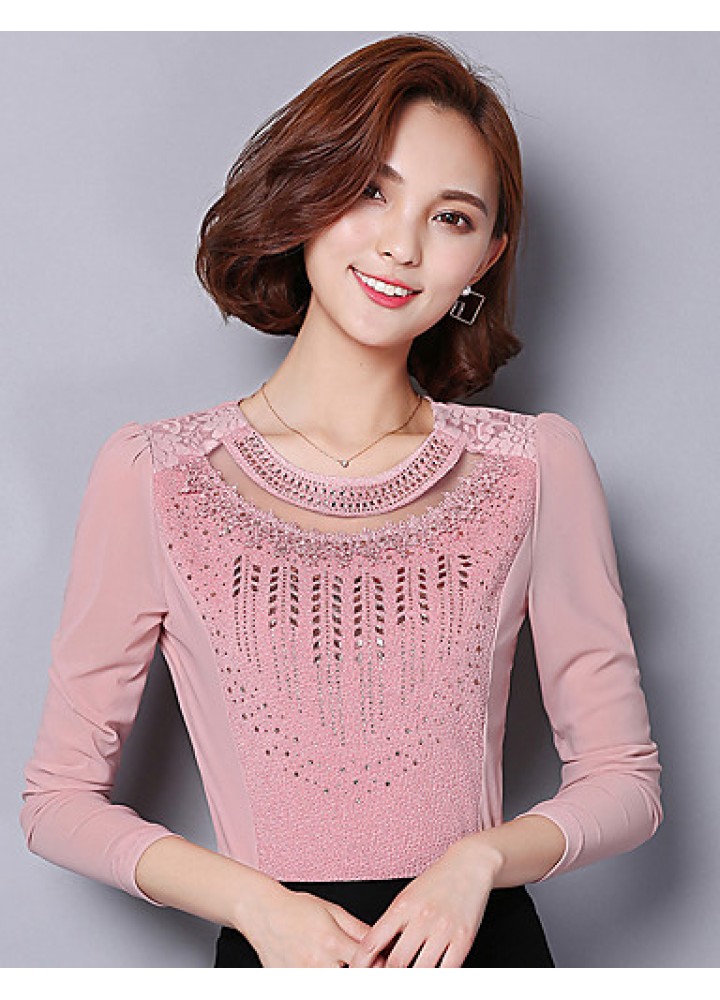 Spring Fall Women's Going out Fashion Wild Solid Color Patchwork Round Neck Long Sleeve Shirt