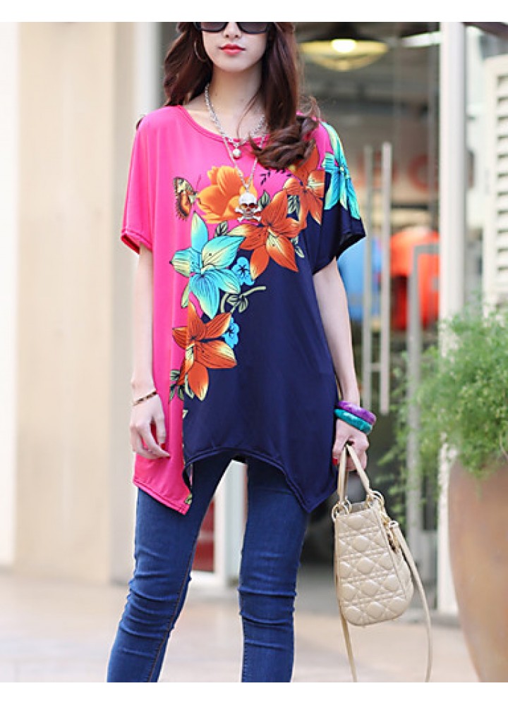 Women's Casual/Daily Boho / Street chic Summer T-shirt,Floral Round Neck Short Sleeve Pink Rayon Thin