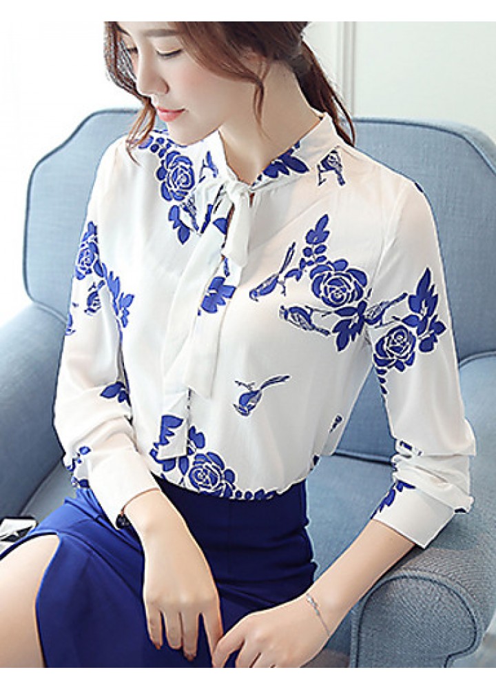 Women's New Fashion Bowknot Chiffon Long Sleeve Blouses Shirt