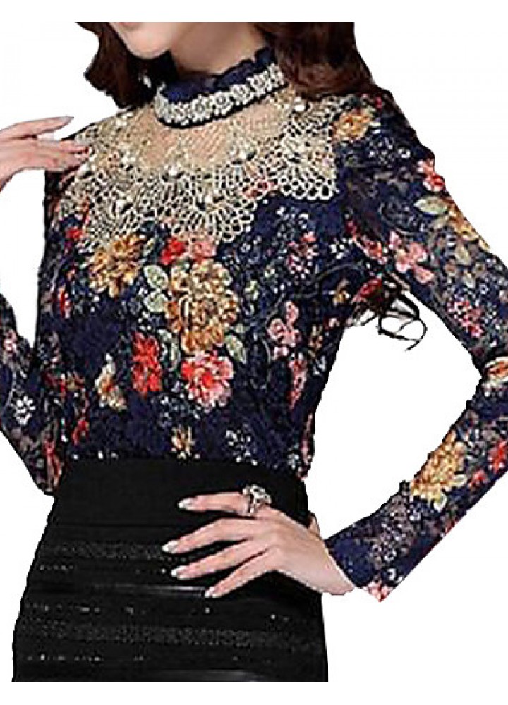 Women's Stand Lace/Mesh T-shirt , Chiffon Long Sleeve