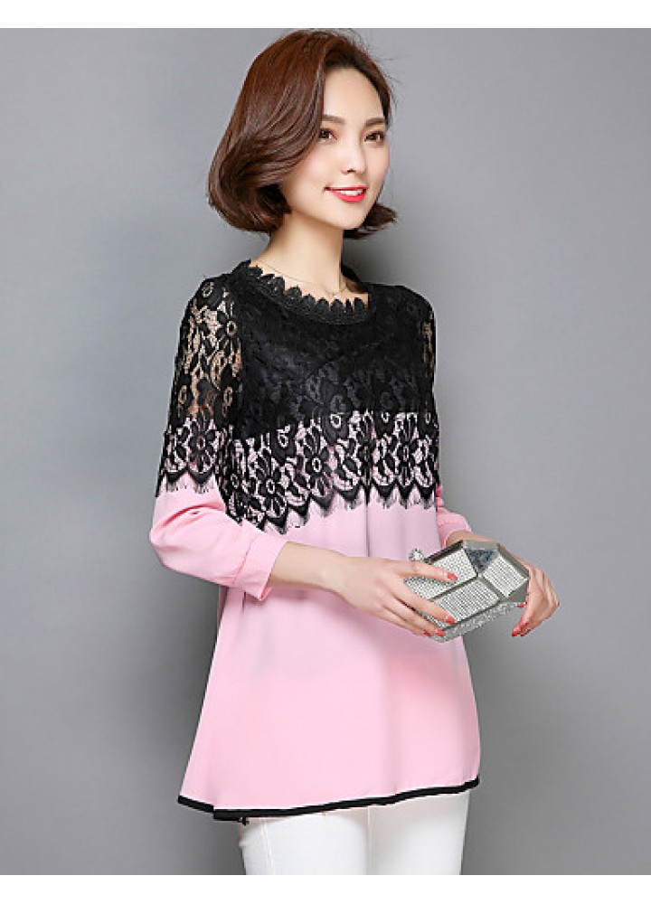 Women's Patchwork Pink / Red / Black Long section Blouse,Casual Lace Cut Out Fashion Round Neck ? Sleeve Polyester/Nylon