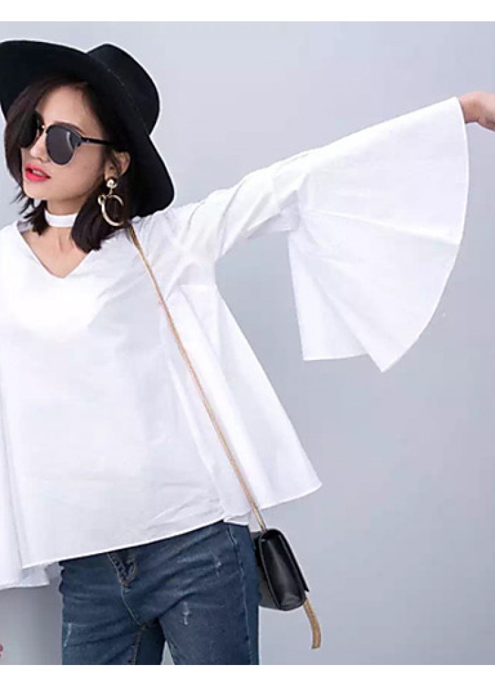 Women's Flare Sleeve Solid White / Black Loose Thin Blouse,Plus Size V Neck Long Sleeve