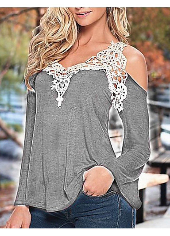 Women's Patchwork Lace Strap Off-The-Shoulder All Match Loose Casual V Neck Long Sleeve Plus Size T-shirt