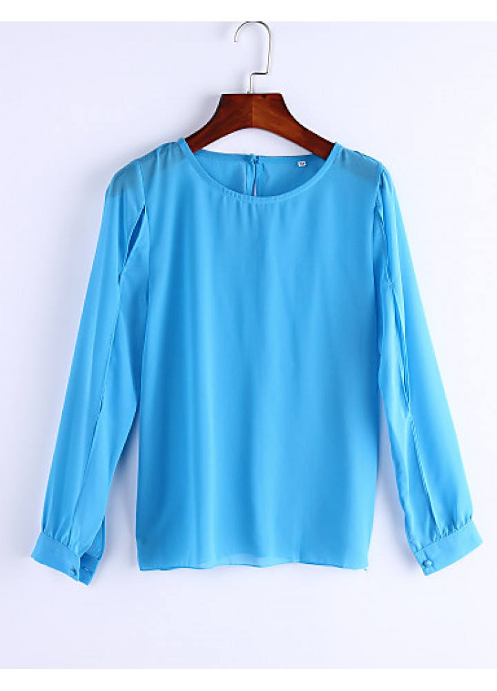 Sexy All Seasons Blouse,Solid Round Neck Long Sleeve Blue / Pink Polyester Thin