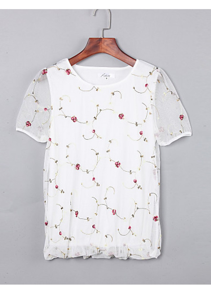 Women's Print White / Black Blouse,Round Neck Short Sleeve