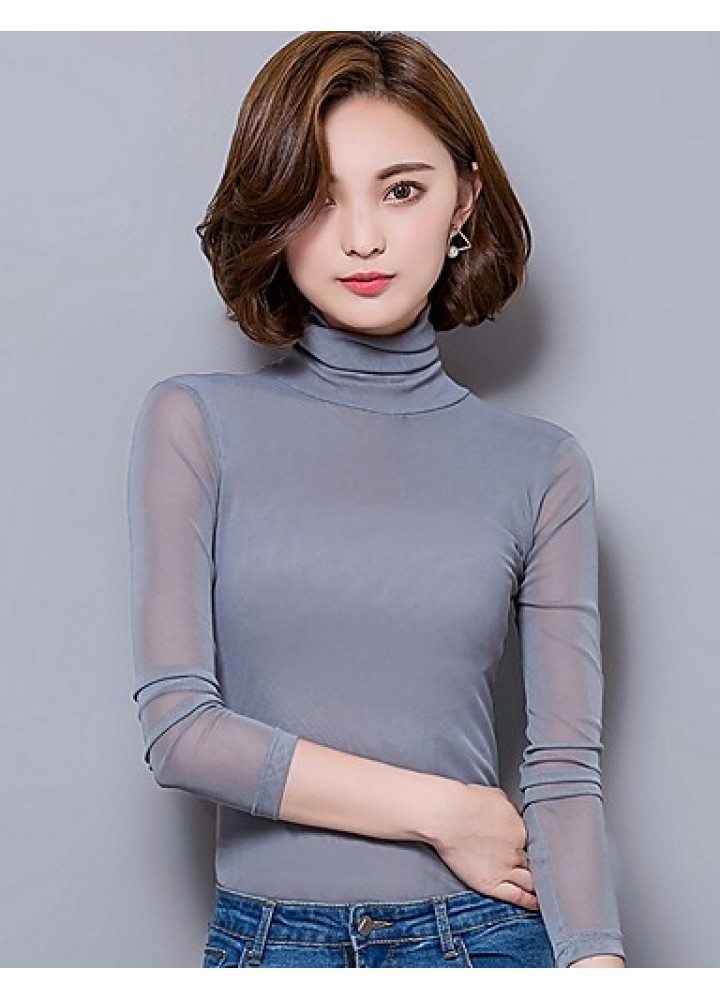 Daily Sexy Fall Blouse,Solid Turtleneck Long Sleeve Blue / Pink / Red / White / Black / Gray Polyester Thin