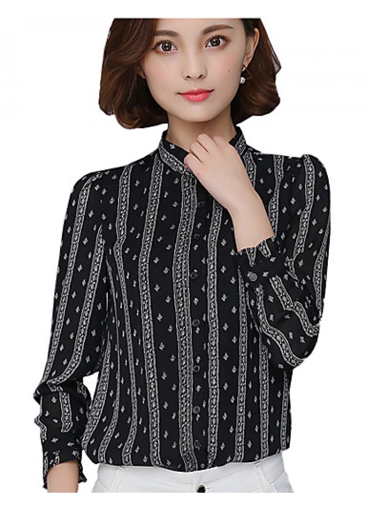 Spring Fall Going out Casual Women's Tops Fashion Striped Print Shirt Collar Long Sleeve Slim Chiffon Blouse