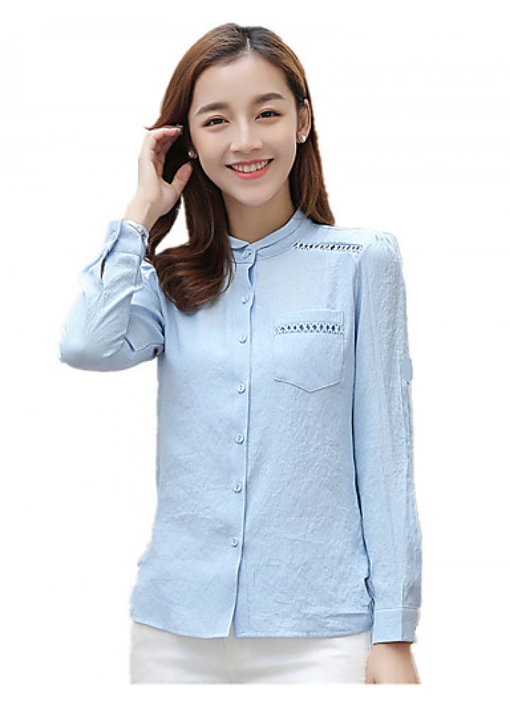 Women's Korean Stand Collar Crochet Cut Out Flax Solid OL Long Sleeve Shirt