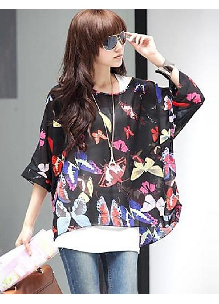 Women's Slack Neck Batwing Sleeve Printed Loose-Fitting Blouse