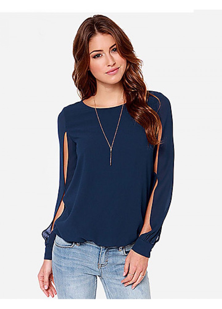 Sexy All Seasons Blouse,Solid Round Neck Long Sleeve Blue / Pink Polyester Thin