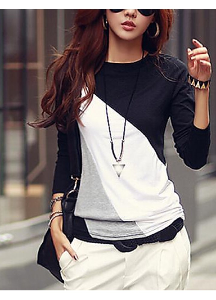 Women's Casual Round Collar Long Sleeve Spliced Color Block T-shirt