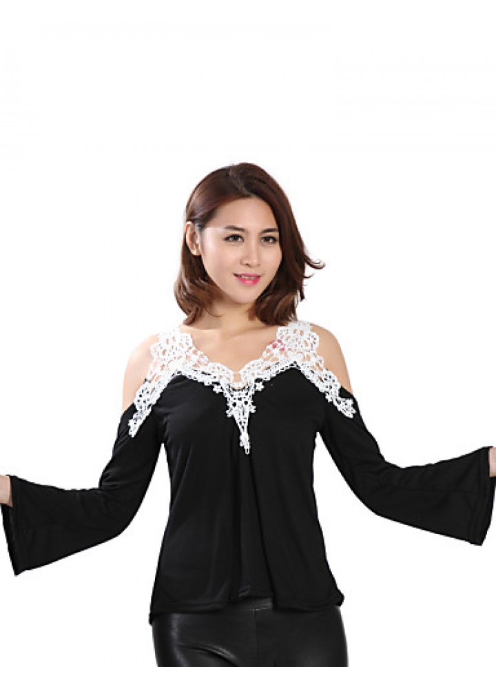 Women's Patchwork Lace Strap Off-The-Shoulder All Match Loose Casual V Neck Long Sleeve Plus Size T-shirt