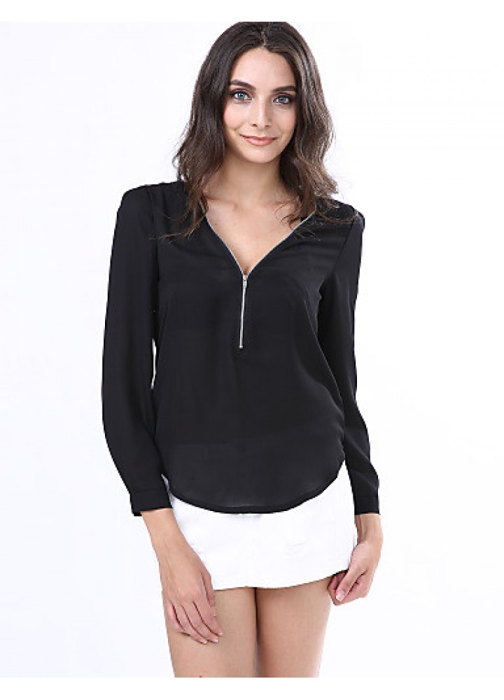 Women‘s V Neck Long Sleeve Zipper Blouse(More Colors)