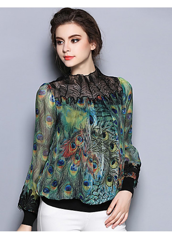 Women's Going out Vintage Spring BlousePrint Crew Neck Long Sleeve Green Cotton / Polyester Thin