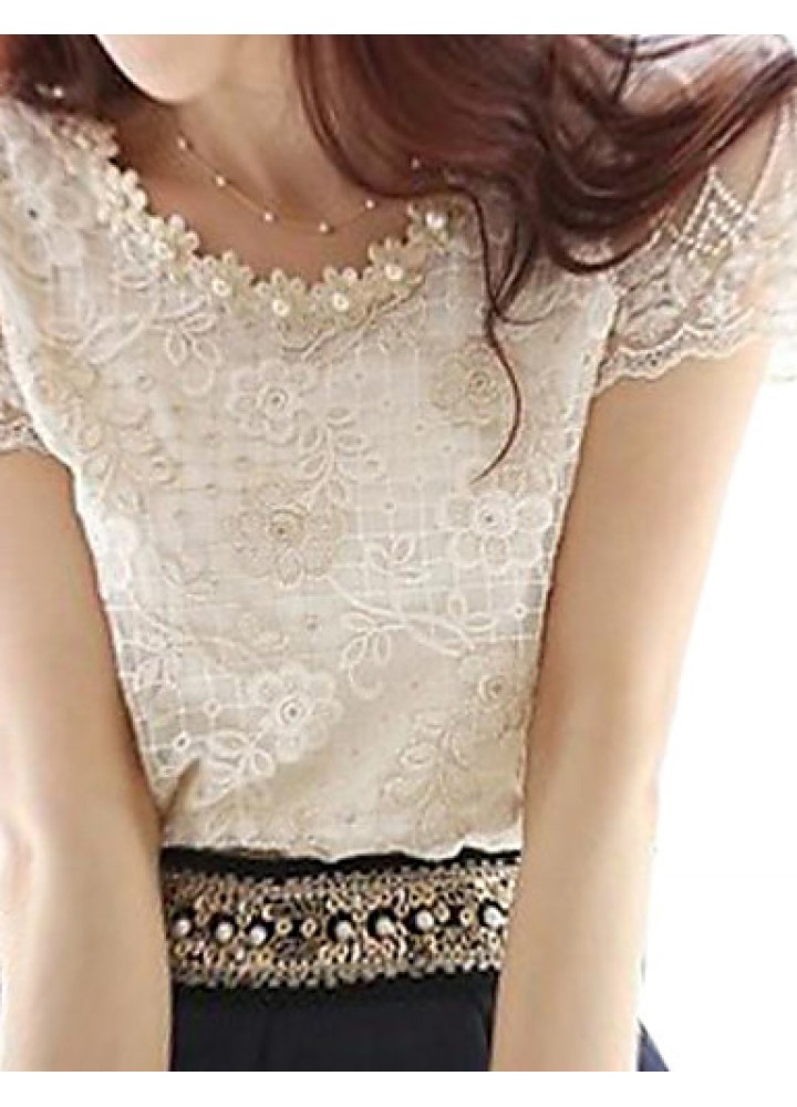 Women's Cute Beaded Neck Embroidered Lace and Mesh Top