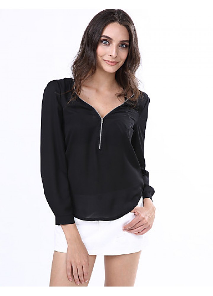 Women‘s V Neck Long Sleeve Zipper Blouse(More Colors)