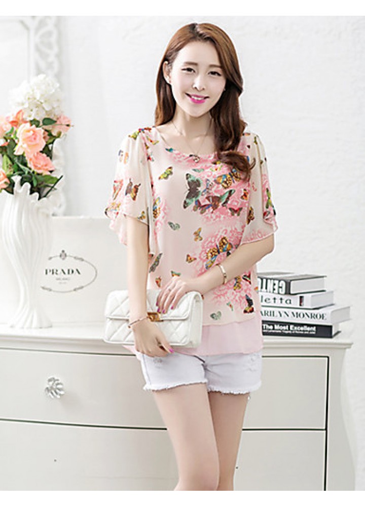 Women's Going out Simple / Street chic Blouse,Floral Round Neck Short Sleeve Blue / Pink Polyester Thin