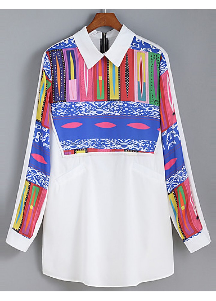 Women's Casual/Daily Vintage All Seasons ShirtPrint Shirt Collar Long Sleeve White Polyester Medium