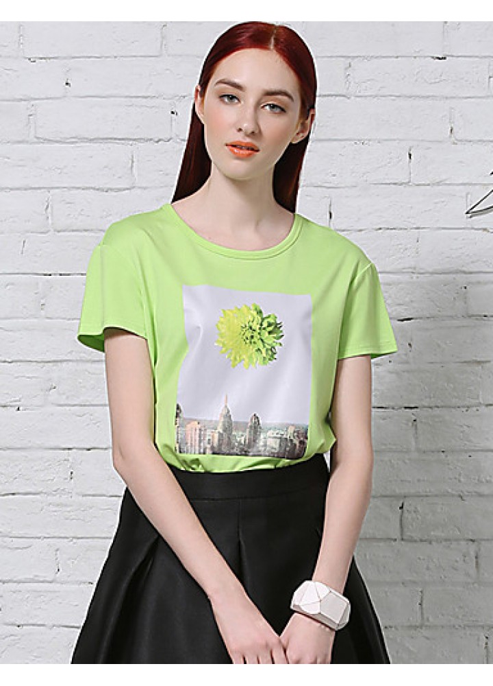 Women's Casual/Daily Simple Summer T-shirtPrint Round Neck Short Sleeve White / Green