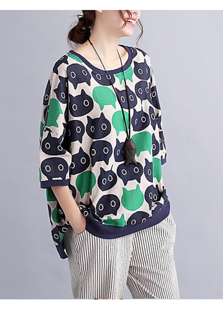 Women's Casual/Daily Cute / Street chic Spring / Fall T-shirt Print Round NeckSleeve Green Cotton / Linen Medium